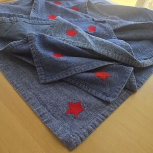 Set of 8 Blue Chambray Cotton Napkins Red Embroidered Star Americana...